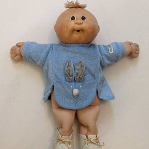 Cabbage Patch 1984 Brown Eyes Preemie Baby Doll Blue Bunny Outfit w/ Shoes